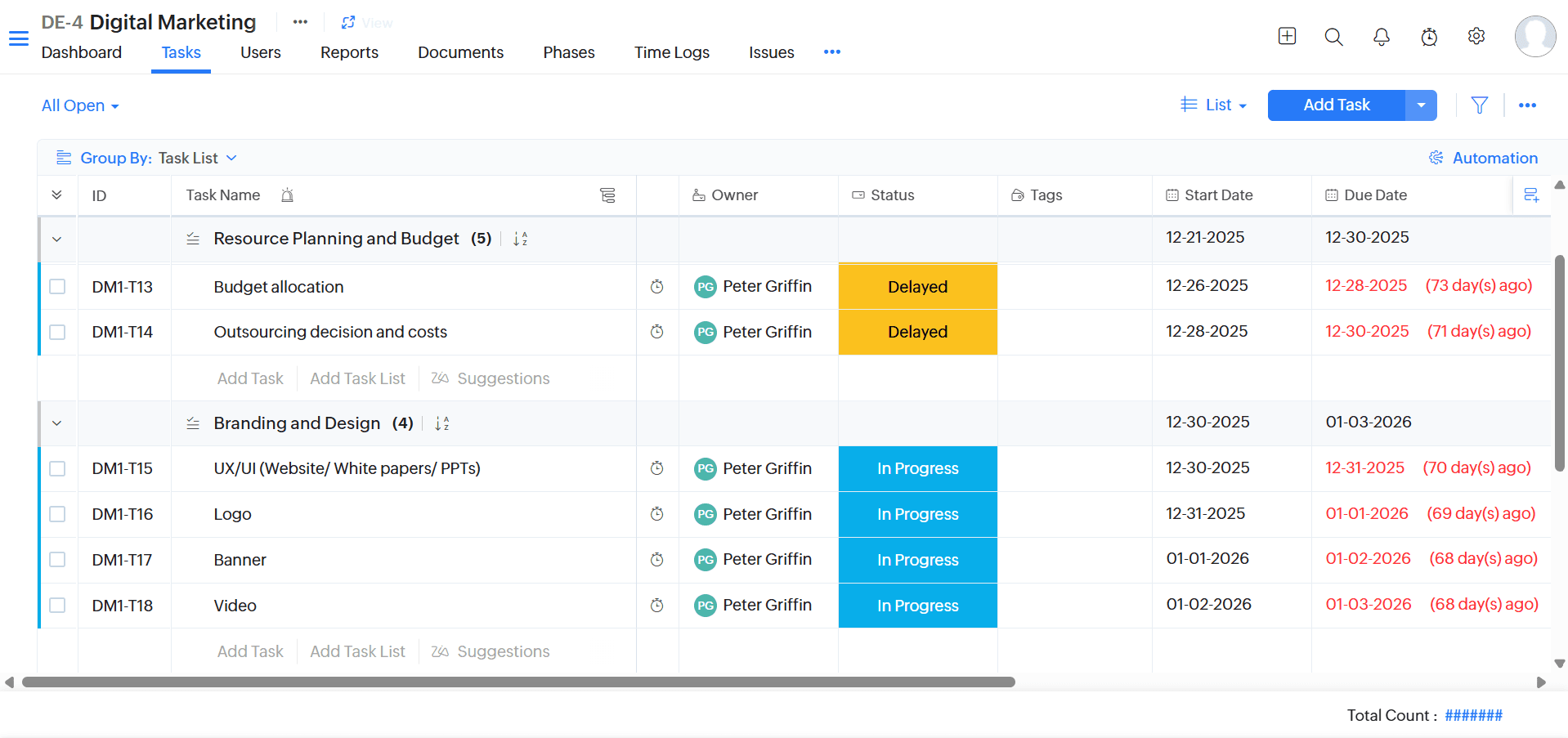 Zoho Projects task view